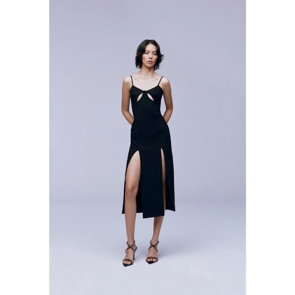 NWT Ceren Ocak Black Cut Out Slit Dress Crepe Fabric Spaghetti Strap sz S
